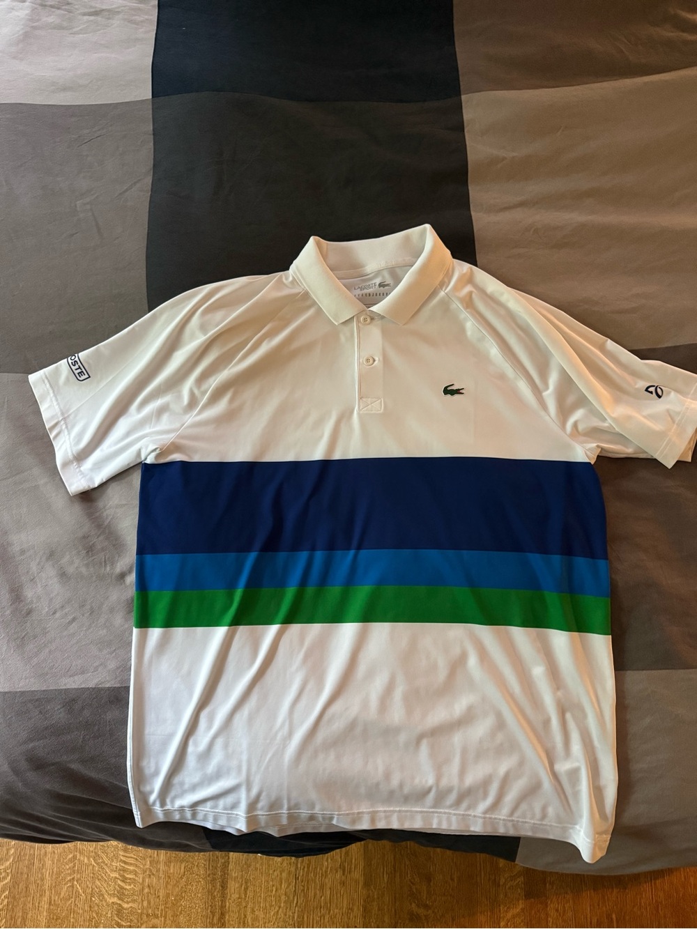Lacoste x Novak Djokovic White Polo with Blue and Green Horizontal Bands